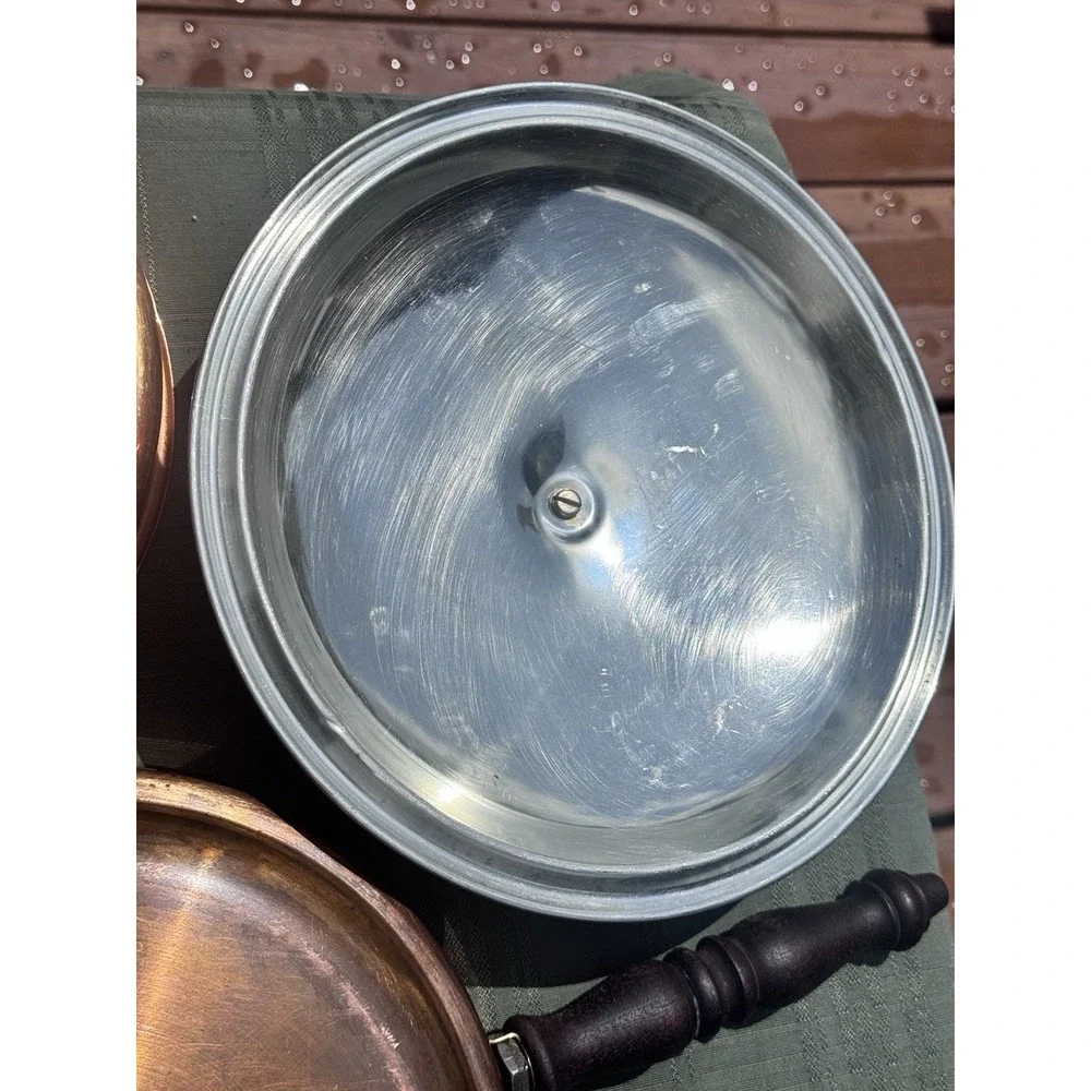 Vintage Italian 3 Piece Copper Double Boiler Chafing Pan Wood Handle Lid 9.25